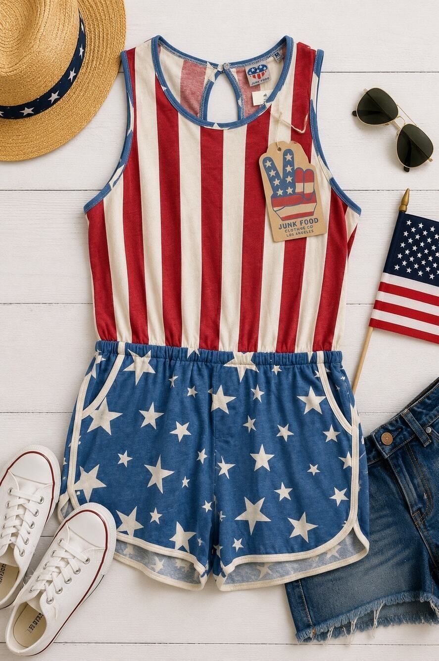 Junk Food USA American Flag Stars & Stripes Sleeveless Romper Pockets NWT Size M